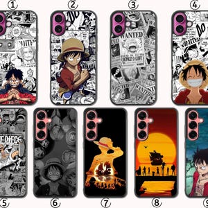 May include: A collection of nine phone cases featuring various designs from the anime series One Piece. The cases showcase characters and scenes in vibrant colors, including Luffy, with manga-style backgrounds and sunset silhouettes.