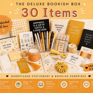 May include: A deluxe bookish gift box containing 30 items, including stationery and book-related accessories. The box features items in yellow, white, and black, with text reading "The Deluxe Bookish Box" and "30 Items".
