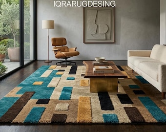 Modern Geometric Wool Rug, Luxury Tufted Area Rug in Teal Beige Brown, Abstract Statement Rug for Living Room 8x10 9x12