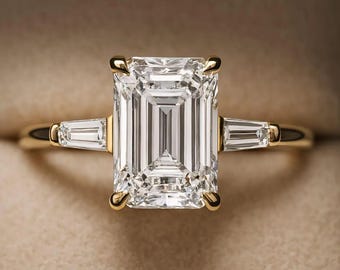 Three Stone Emerald Cut Moissanite Engagement Ring Emerald Cut Side Tapered Baguette Cut Anniversary Ring Solitaire Moissanite Wedding Ring
