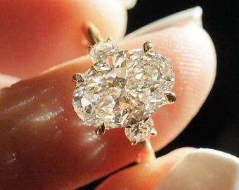 3.0 Oval Cut Moissanite Engagement Ring Three Stone Oval Cut Engagement Ring, Elongated Oval Wedding Ring, Promise Ring, Gift For Her