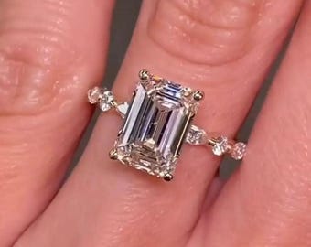 3 CT Emerald Cut Moissanite Ring With Side Marquise And Round Eternity Wedding Ring Asteco Bridal Ring Emerald Cut Engagement Ring For Her