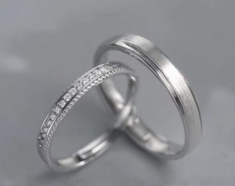 His and Hers Wedding Rings, Matching Wedding Band Set, Channel Set  Diamond Band for Her Anniversary Gift Brushed White Gold Couples Rings