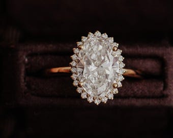 2.5 CT Oval Halo Engagement Ring  Anniversary Gift for Her 14K Rose Gold Moissanite Ring  Vintage Inspired Ring Promise Ring for Woman