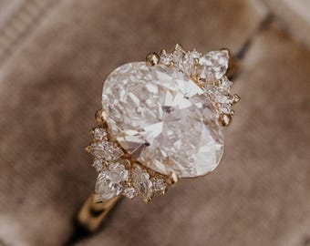 2.5 CT Oval Moissanite Wedding Ring  Unique Marquise & Round Cluster Ring 14K Gold Engagement Ring Promise Ring Anniversary Gift for Her