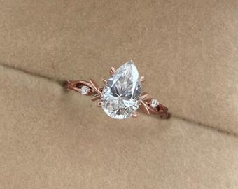 Pear Moissanite Engagement Ring, 14K Yellow Gold Leaf Branch Twig Ring  Cluster Handmade Ring Nature Inspired Diamond Gold Engagement Ring