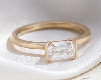 1 CT Emerald Cut Moissanite Engagement Ring 10K Gold Wedding Ring East West Emerald Moissanite Ring Emerald Solitaire Ring Half Bezel Set
