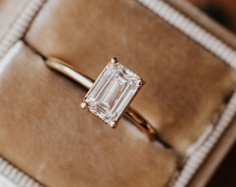 Emerald Cut Solitaire Wedding Ring, 2 CT Emerald Cut Moissanite Engagement Ring Claw Prongs Ring Anniversary Gift For Wife Bridal Ring