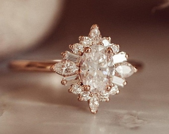 Pear & Baguette Halo Ring 14K Rose Gold Vintage Inspired Ring Oval Starburst Ring Unique Diamond Engagement Ring Anniversary Gift for Her