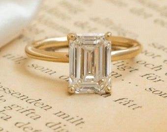 Emerald Cut Moissanite Engagement Ring 14K Yellow Gold Wedding Ring  Anniversary Gift Dainty Emerald Solitaire Ring Promise Ring for Her