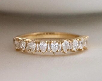 Pear Shaped Diamond Wedding Band Half Eternity Promise Ring 14K Yellow Gold Ring Moissanite Stacking Wedding Band Women Anniversary Gifts