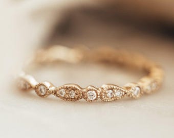 Unique Alternating Moissanite Wedding Band, 14K Gold Marquise & Dot Eternity Ring Dainty Milgrain Stackable Ring Bridal Anniversary Gift