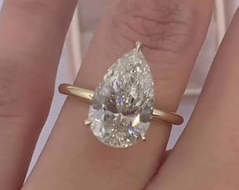 Pear Shaped Moissanite Big Diamond Ring Yellow Gold Large Stone, Tear Drop Ring  Hidden Halo Engagement Ring Pear Solitaire Wedding Ring