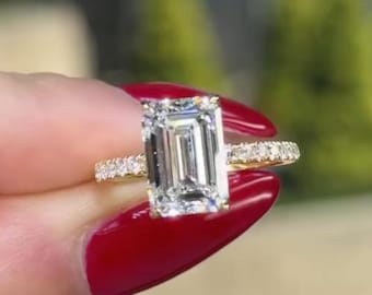 3 CT Emerald Cut Hidden Halo Moissanite Engagement Ring Half Vintage Solid Gold Ring Eternity Pave Wedding Ring Emerald Cut Wedding Ring