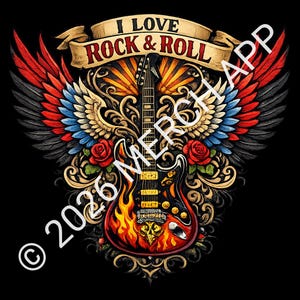 Rock & Roll Guitar Flame Graphics | Tattoo Style PNG (Digital Download)