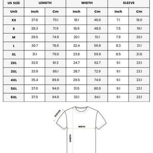 May include: A white chart with measurements for an embroidered unisex t-shirt. The chart includes US sizes, length in inches and centimeters, width in inches and centimeters, and sleeve length in inches and centimeters. The text "EMBROIDERED UNISEX T-SHIRT" is at the top.