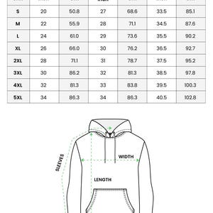 May include: Diagram of an embroidered lightweight classic unisex hoodie with size, width, length, and sleeve measurements in inches and centimeters. The hoodie's dimensions are provided for sizes S to 5XL.