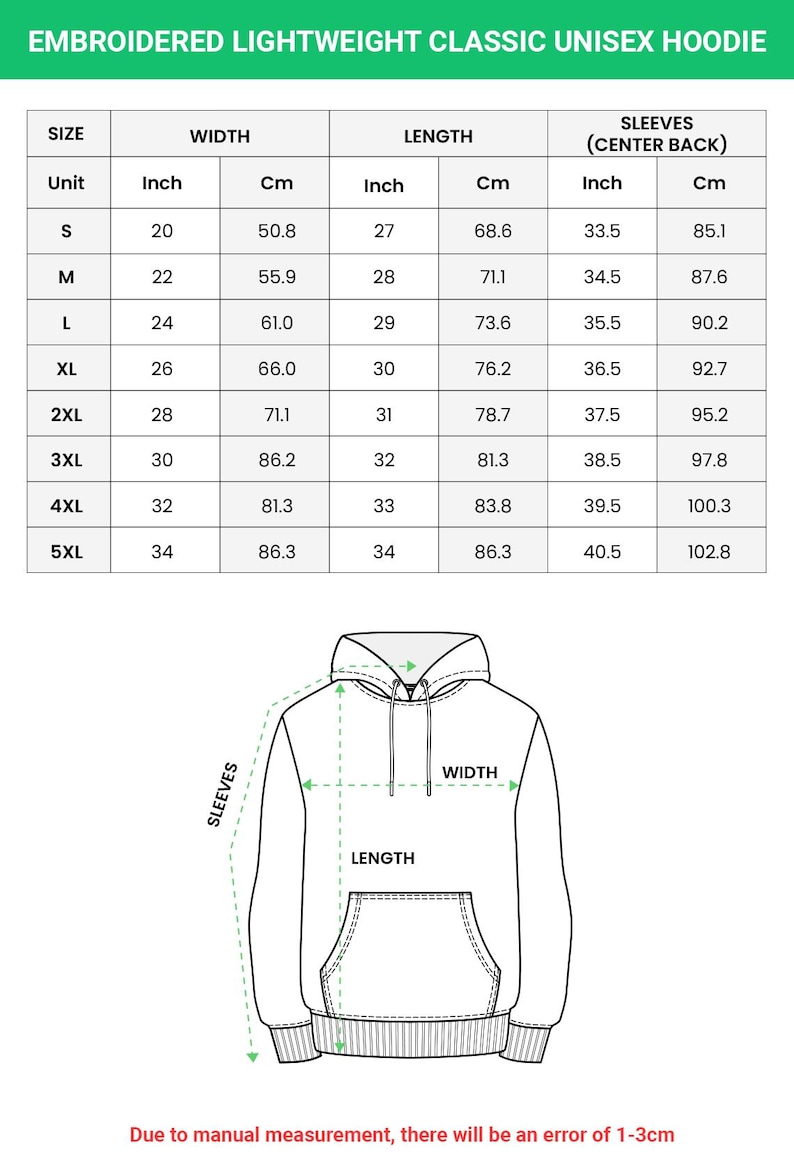 May include: Diagram of an embroidered lightweight classic unisex hoodie with size, width, length, and sleeve measurements in inches and centimeters. The hoodie's dimensions are provided for sizes S to 5XL.