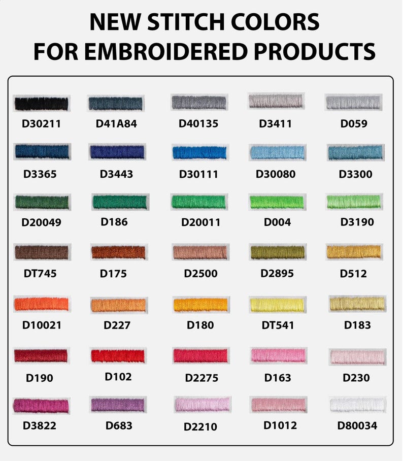May include: A color chart for embroidered products, featuring a variety of thread colors. The chart displays rectangular swatches of thread in shades of black, blue, gray, green, orange, red, and pink, with color codes above each swatch.