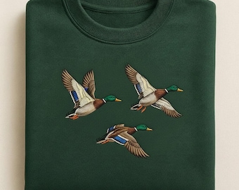 Flying Mallard Ducks Sweatshirt, Embroidered Waterfowl Crewneck, Vintage Duck Hunter Gift, Wildlife Nature Apparel