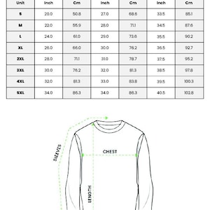 May include: Diagram of an embroidered classic unisex sweatshirt with size chart. The chart shows measurements in inches and centimeters for width, length, and sleeve center back, ranging from size S to 5XL. The diagram illustrates chest, length, and sleeve measurements.