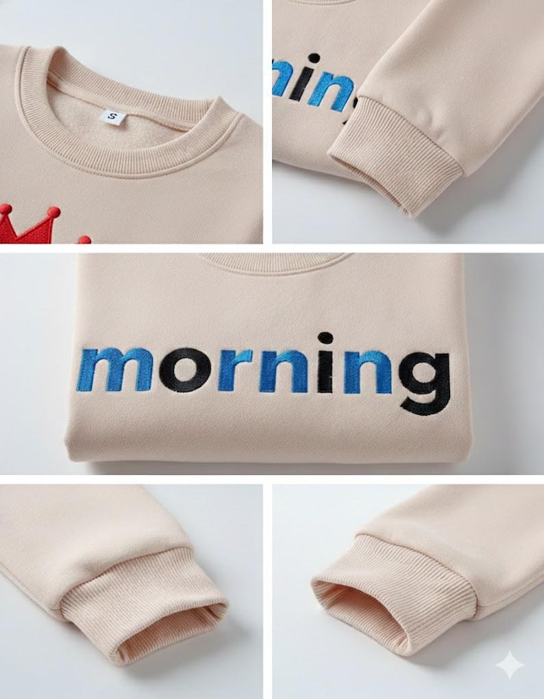 May include: Beige sweatshirt with the word "morning" embroidered in blue and black. The sweatshirt has a crew neck and ribbed cuffs. A red crown is embroidered on the upper left side. The sleeves are long.