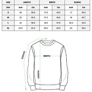 May include: Diagram of an embroidered youth sweatshirt with size, length, width, and sleeve measurements in inches and centimeters. The text at the top reads "EMBROIDERED YOUTH SWEATSHIRT". The diagram shows the sweatshirt's dimensions.