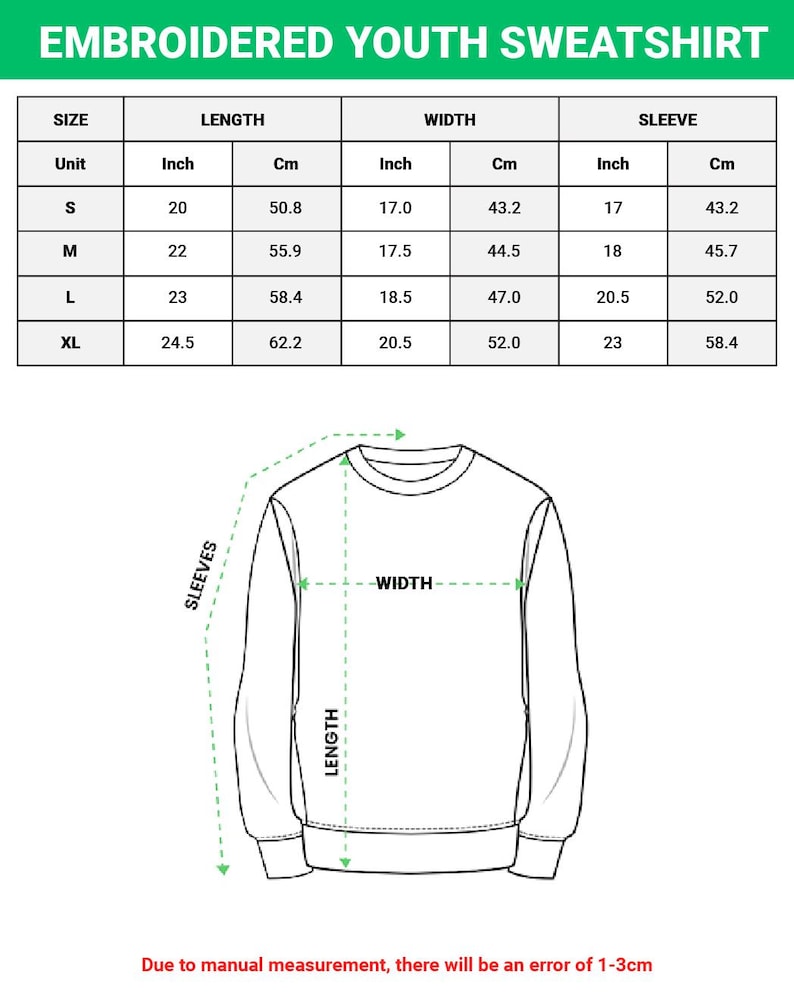 May include: Diagram of an embroidered youth sweatshirt with size, length, width, and sleeve measurements in inches and centimeters. The text at the top reads "EMBROIDERED YOUTH SWEATSHIRT". The diagram shows the sweatshirt's dimensions.