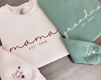 Custom Embroidered Sweatshirt, Name On Sleeve With Heart, Mama Est Year Shirt, Grandma Shirt With Date, Gift For New Mom, Mothers Day Gift