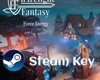 May include: A digital art scene featuring a fantasy village with the text "Firelight Fantasy Force Energy" and "Steam Key". The Steam logo is visible. The scene includes a cottage, trees, and a stone structure.