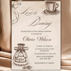 Editable Love is Brewing Bridal Shower Invitation Template, Vintage Coffee Theme Bridal Brunch Party Invite, Instant Access Canva Evite