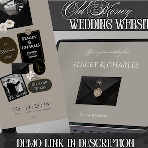 Customizable Luxury Old Money Theme Wedding Website Invitation Template with Countdown Timer, Elegant Monochrome Digital Canva RSVP Invite