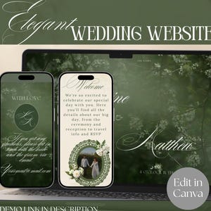 Könnte beinhalten: Ein Laptop und zwei Smartphones zeigen eine Hochzeits-Website-Vorlage mit einem dunkelgrünen botanischen Thema. Die Bildschirme zeigen elegante weiße Typografie, florale Akzente und einen runden Fotorahmen. Der Text enthält "Elegant WEDDING WEBSITE" und "Edit in Canva" auf einem runden Abzeichen.