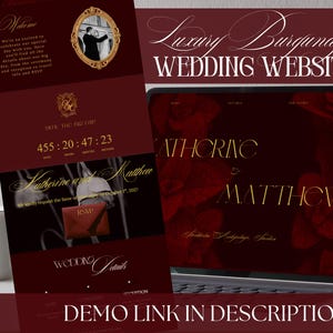 Könnte beinhalten: Eine digitale Hochzeits-Website-Vorlage in tiefem Burgunderrot mit goldener Typografie. Das Design umfasst einen Countdown-Timer, einen RSVP-Bereich und einen Bilderrahmen. Der Text lautet Luxury Burgundy Wedding Website, Katherine and Matthew.