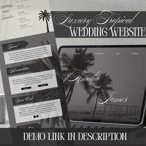 May include: A digital tablet and printed wedding day timeline with a tropical theme. The tablet displays a website with the names "Amelia and James". The timeline includes sections for travel, accommodations, and dress code. Text reads "Luxury Tropical Wedding Website".