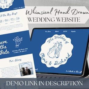 Könnte beinhalten: Digitales Hochzeitswebsite-Design mit blau-weißem Farbschema. Das Design enthält den Text "Olivia & Richard" und "Save the Date". Ein Tablet zeigt die Website an, und eine gedruckte Karte ist ebenfalls sichtbar.