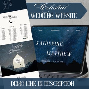 May include: A celestial wedding website design displayed on a tablet and a printed card. The website features a starry night sky background with the names "Katherine & Matthew" and the date. The card includes wedding details and RSVP information.