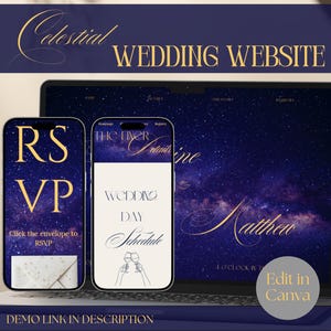 Könnte beinhalten: Eine digitale Hochzeits-Website-Vorlage auf einem Laptop und zwei Smartphones. Das Design zeigt einen dunkelblauen Galaxie-Hintergrund mit goldenem Text, der Celestial Wedding Website, RSVP, The Details und Wedding Day Schedule lautet.