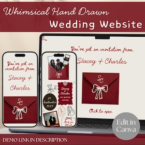 Könnte beinhalten: Eine digitale Hochzeitswebsite-Vorlage auf einem Laptop und zwei Smartphones. Das Design zeigt eine dunkelrote Farbpalette mit handgezeichneten weißen Schleifenillustrationen, dem Text You've got an invitation from Stacey + Charles und Edit in Canva.