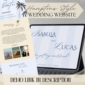 Könnte beinhalten: Digitales Hochzeitswebsite-Design mit den Namen "Isabella und Lucas" und dem Text "heiraten!" auf einem Tablet. Das Design umfasst eine Zeitleiste, ein Datum und die Worte "Hamptons Style Wedding Website."