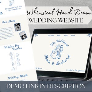 May include: A wedding website design displayed on a tablet and a printed card. The design features blue handwritten text and illustrations, including the words "Save the Date" and "The Wedding of Olivia & Richard."