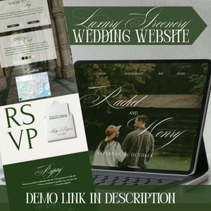 May include: A digital wedding website design with a green and white color scheme. The website features a photo of a couple, RSVP information, and the text "Luxury Greenery Wedding Website". The words "Rachel and Henry" are displayed in elegant script.