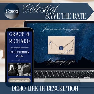 Könnte beinhalten: Ein Smartphone und ein Laptop zeigen eine Hochzeitseinladung zum Thema Himmel. Auf dem Telefon stehen "Grace & Richard" und das Datum "29. September 2026". Der Laptop zeigt einen Umschlag mit Sternen. Der Text lautet "Celestial SAVE THE DATE."