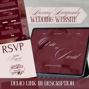Könnte beinhalten: Ein digitales Tablet zeigt eine bordeauxfarbene Hochzeitswebsite mit den Namen "Olivia and David" in eleganter Schrift. Das Bild zeigt auch RSVP-Karten und den Text "Luxury Burgundy Wedding Website" und "Demo Link in Description."