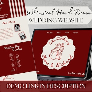 Könnte beinhalten: Digitales Hochzeitswebsite-Design mit einem bordeauxroten und cremefarbenen Farbschema. Das Design umfasst ein Tablet, das die Website anzeigt, eine Zeitleiste und eine Seite mit dem Text "Our Story". Die Website zeigt den Text "The Wedding of Olivia & Richard".