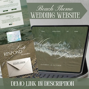 Può includere: Un design di sito web di matrimonio a tema spiaggia visualizzato su un tablet e materiali stampati. Il sito web presenta uno sfondo di onde, con i nomi "Hannah and David" e la data. Informazioni RSVP e una mappa.