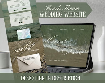 May include: A beach-themed wedding website design displayed on a tablet and printed materials. The website features a wave background, with the names "Hannah and David" and the date. Additional elements include RSVP information and a map.
