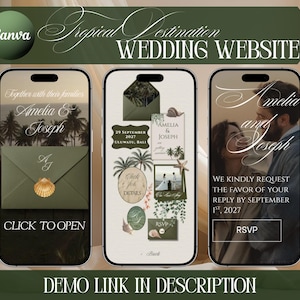 May include: Three smartphones displaying a tropical destination wedding website template. The screens feature olive green envelopes, palm trees, seashells, and text including Amelia & Joseph, 29 September 2027, Uluwatu, Bali, and RSVP. The design uses elegant script fonts.