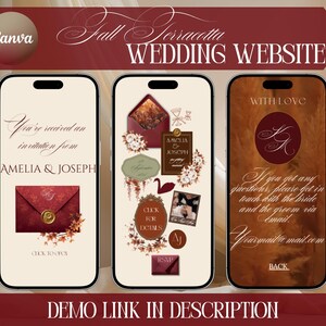 Könnte beinhalten: Drei Smartphone-Bildschirme zeigen eine Hochzeits-Website-Vorlage im Fall Terracotta-Design. Die Bildschirme haben cremefarbene Hintergründe, dunkelrote Umschläge mit goldenen Wachssiegeln, florale Akzente und elegante Schriftzüge mit den Namen Amelia und Joseph.