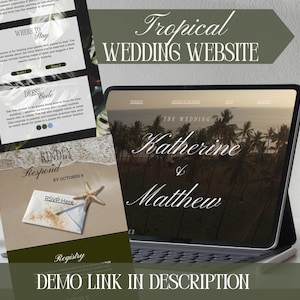 Könnte beinhalten: Ein tropisches Hochzeitswebsite-Design, das auf einem Tablet und einer Broschüre angezeigt wird. Die Website zeigt die Namen "Katherine & Matthew" mit einem Strandhintergrund. Die Broschüre enthält Abschnitte für "Wo übernachten" und "Kleiderordnung."